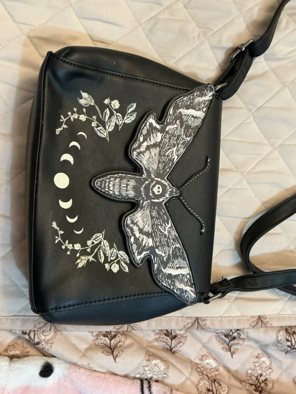 Hot Topic Black Crossbody Bag with Moth and Moon Design - Picture 2 of 6
